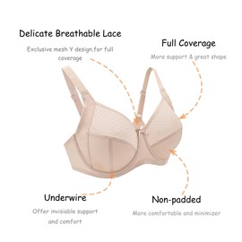 Cortelay Women's Lace Unpadded Minimizer Push Up Underwire Bra Full Coverage Everyday Bra Beige 42G