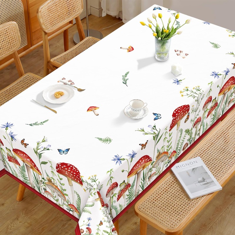 Arquiel Mushroom Tablecloth, Washable Rectangular Tablecloth Spring French Tablecloth for
