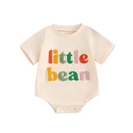 XIXIMAON Newborn Clothes Summer Little Bean Romper Infant Baby Girls Boys Short Sleeve Crew Neck Embroidery Letter Jumpsuit Toddler Shirts (Beige, 12-18 Months)