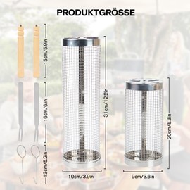 Yesay Set of Rolling Grill Basket with Removable Wooden Handles and Cylindrical Grill Basket Made of 304 Stainless Steel, Barbecue Accessories for Vegetables and Shrimp for Camping and Patio Grill (20