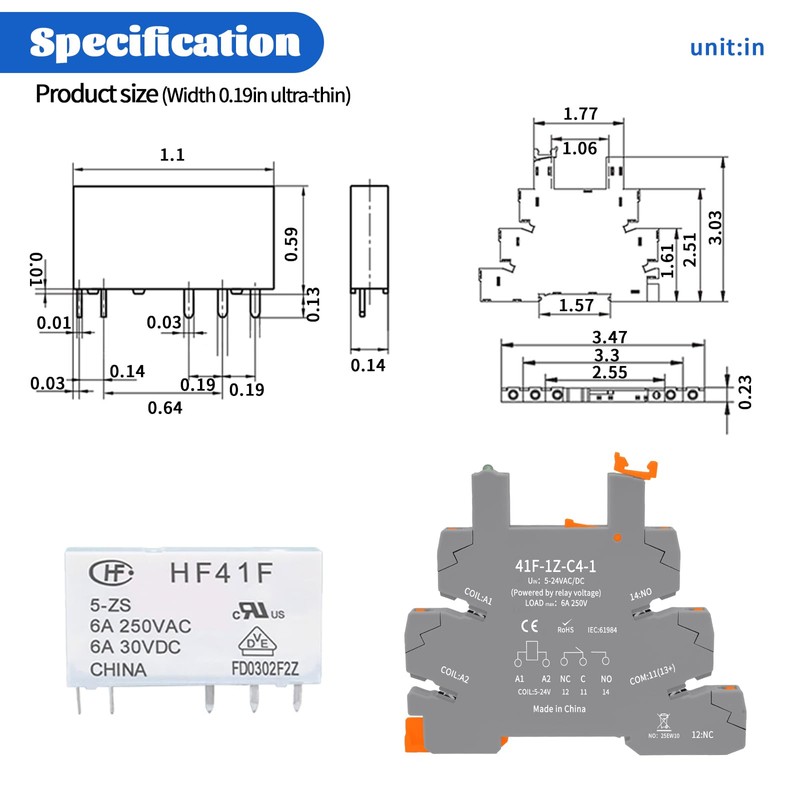 (2pcs) 5V Relays,din Rail,5V Coil dc/ac,Silm,PLC Signal Relay,HF41F/12-ZS 5 Pin