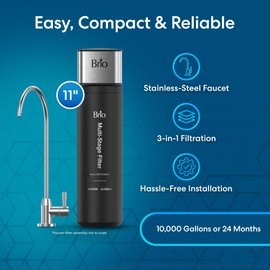 Brio 11" Undersink Water Filtration System for Sink Faucet Drinking Water | 3 Stage Single Housing Filter (0.5 Micron) with Faucet | 10,000 Gallons or 2 Years | Filters Dirt, Chlorine, Lead, Mercury+