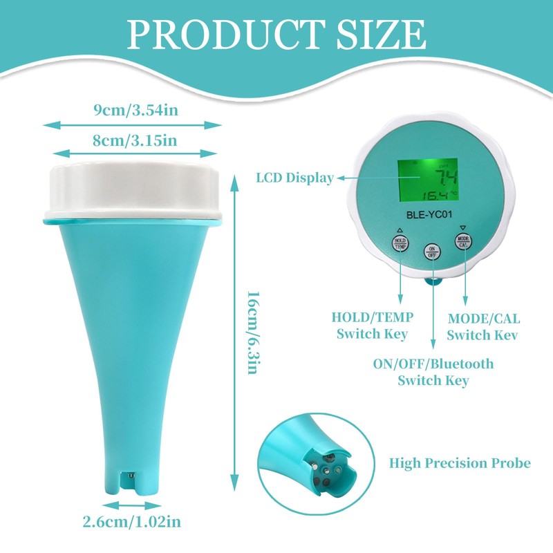 Qivine Pool Thermometer Wirelesss, 6 in 1 PH/ORP/EC/TDS/Temperature/Chlorine Meter WiFi