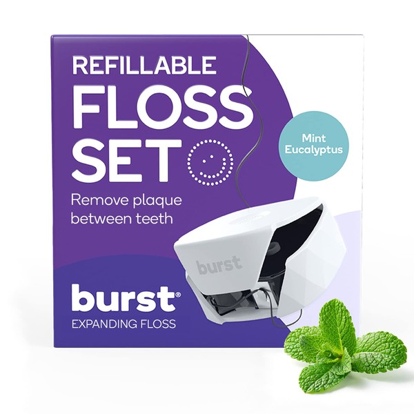 BURST Refillable Dental Floss Dispenser Set - Mint Eucalyptus Scent - Charcoal Coated, Expanding Floss - Stain-Absorbing, Woven Tooth Floss - White Case + 32 Yards Charcoal Floss
