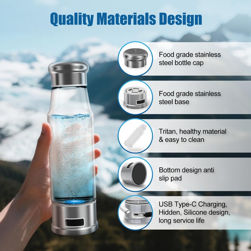 Hydrogen Water Bottle 5-Min Electrolysis 15.22OZ 1500 PPB Water Ionizer
