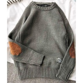 Aspersio Men's Elbow Patch, Loose Knit, Round Neck, Sweater, Long Sleeve, Top, Mongley