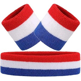 Hatstar 3-Piece Sweatband Set, 1 x Headband + 2 x Sweatbands for Wrists, Headband for Men and Women, Accessory for Carnival and Fancy Dress Costume (3 Colours Blue/White/Red)