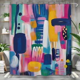 Yookeb Colorful Bright Abstract Art Bathroom Shower Curtain 60W by 71H Inch Brushstroke Modern Simple Minimalist Painting Contemporary Polyester Fabric 12 Plastic Hooks Waterproof Decor