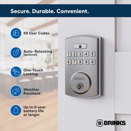 Brinks Electronic Keypad Door Lock, High-Security Keyless Entry Lock with Deadbolt for Front Door, Includes 2 Keys, Auto Locking Feature with Up to 50 User Codes, Satin Nickel