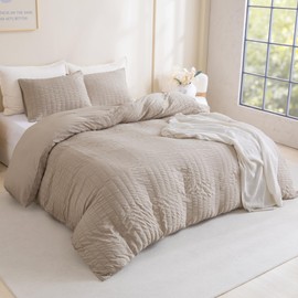 Litanika Queen Comforter Set Khaki, 3 Pieces Lightweight Seersucker Bedding Comforters Sets, Soft Bed Set (90x90In Comforter & 2 Pillowcases)