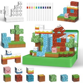 Intoypad Magnetic Blocks Painting Travel Toys for Kids, 48PCS Magnetic Building Blocks with 12 Paint Pens & Iron Box Art Craft Kits Magnet Blocks Cube Birthday Gifts for Boys Girls Road Trip Car Games