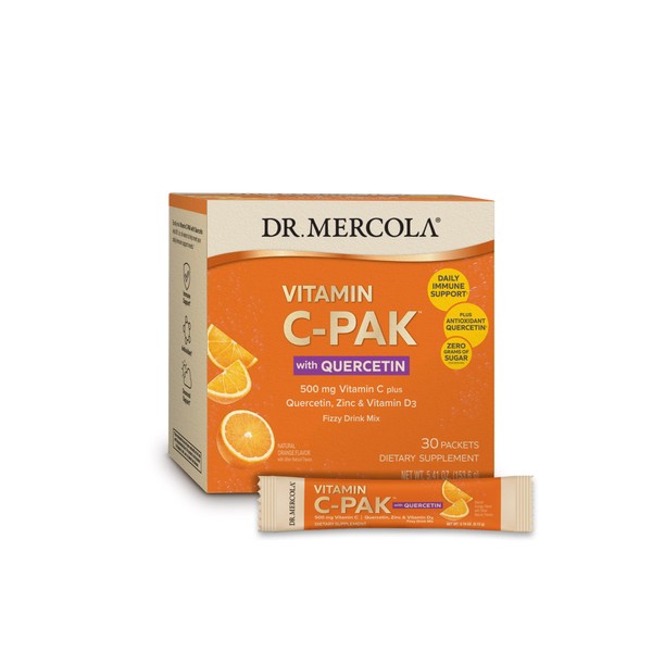 Dr. Mercola Vitamin C-PAK with Quercetin, 500 mg Vitamin C Plus Quercetin, Zinc and Vitamin D3 Drink Mix, 30 Servings (30 Packets), Non GMO, Gluten Free, Soy Free