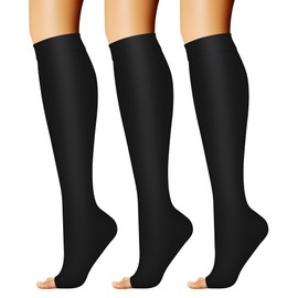 CHARMKING 3 Pairs Open Toe Compression Socks for Women & Men Circulation 15-20 mmHg is Best for All Day Wear Running Nurse (01 Balck/Black/Black, L/XL)