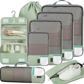 BAGAIL 4 Set/6 Set/8 Set Compression Packing Cubes Travel Accessories Expandable Packing Organizers(HalfMesh, 8-MatchaGreen)
