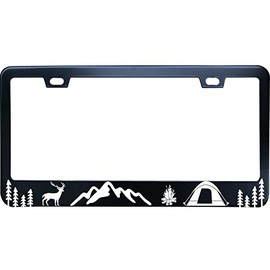XHuiZio Mountain Forest Deer Wildfire Wild Tree License Plate Frame Matte Black Stainless Steel License Plate Frame Holder 2 Hole & Screws for Women/Men, 12x6 Fits Standard US/CA