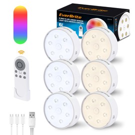 EverBrite Puck Lights With Remote, Rechargeable 2000mAh Linked Sensor Under Cabinet, Two Group Control, 10 RGB Colors, Dimmable for Kitchen, Bedroom Closet (6-Pack)