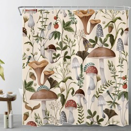 HVEST 70s Mushroom Shower Curtain, Various Mushrooms and Leaves on Beige Background Bathroom Curtain with Hooks, Vintage Plant Bath Curtain Polyester Fabric Bath Decor Accessories, 72x72 Inches