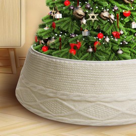 Christmas Tree Collar, 28 inch Cable Knitted Christmas Tree Collars for Artificial Trees, Crossed Diamond Edge Holiday Tree Skirt for Christmas Home Décor (Creamy)