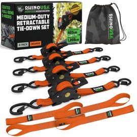 Rhino USA Retractable Ratchet Straps (2-Pack) - 1 Inch x 10 Feet (1,209lb Break Strength) - Auto Self Retracting Tie Down Straps for Truck, Cargo Trailer, Motorcycle, ATV, UTV - Orange