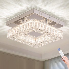 YPQXYHDA Dimmable Crystal Chandelier LED Ceiling Light with Remote Flush Mount Small Chandelier for Hallway Foyer Kitchen Stair Closet,3 Colors Adjustable