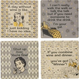 Set of 4 Retro Inspired Drink Wine Stoneware Drink Coasters 4 Inch x 4 Inch