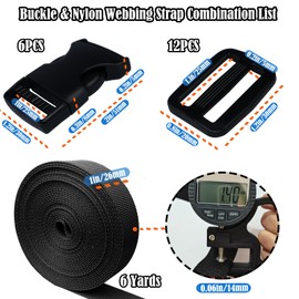 Buckles Straps 1 Inch, Nylon Webbing Straps 6 Yards + 6 PCS Quick Side Release Plastic Buckles + 12 PCS Tri-Glide Slide Clip, No Sewing Required Heavy Duty Durable, Backpack Dog Collars Replacement.