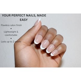 Uñas postizas Clean Girl French Almond – Base nude suave con puntas blancas, acabado brillante, set de 24 piezas