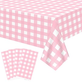 FuenteOrilla 4 Pcs Pink and White Checkered Tablecloths Waterproof Rectangle Pink Gingham Tablecloth for Picnic Birthday Wedding Camping Holiday Christmas Parties, 52 x 86 in