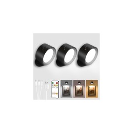 LED Wall Mounted Lights, Rechargeable Wall Sconces with Remote & Touch Control, 3 Color Temperatures 360° Rotation Dimmable Cordless Wall Light for Bedroom Study Reading Bedside (Black, 3 Pack)