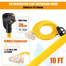 Tellegloww 10 FT Flat RV Generator Adapter Cord Compatible with NEMA TT-30P to 3X 5-20R/5-15R, 30A to 110V 15/20 A Household Outlet Adapter, 10 Gauge Flat RV Generator Extension Cord, ETL Listed