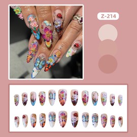 CJDLTSFlower 3D Press on Nails Medium Length Coloful Floral Butterfly Pattern Design Rhinestones Acrylic False Nails French Tip Artificial Stick on Nail 24Pcs Press Ons Blossom Glue on Nails