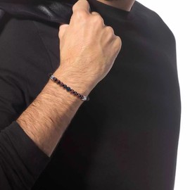 COAI Men's Leather Onyx Red Tiger Eye Stone Beaded Bracelet