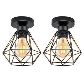 URing Pendant Light, Ceiling Lights, Retro Hanging Lamp, Wire Light, E27 Iron Cage Max 40 W, Diameter 16 cm, Vintage Lampshade Interior Lighting for Hallway, Study, Kitchen, Office, Bedroom, Black,