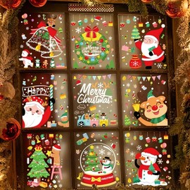 ZABARE 273 pcs Christmas Window Clings for Glass Windows -10 Sheets Double-Sided Christmas Window Decorations Stickers Include Santa Claus, Reindeer, Snowman, Small Gifts (Color)