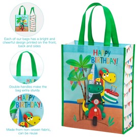 WRAPAHOLIC Large Reusable Birthday Gift Bag with Handles - 10 x 5 x 13 inch - Dinosaur Happy Birthday