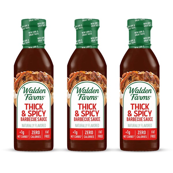 Walden Farms Thick & Spicy BBQ Sauce 12 oz Bottle (3 Pack) - Sweet and Spicy, Near Zero Carbs, Sugar and Calorie, Vegan, Kosher and Keto Friendly - Great for Steak, Chicken, Marinate Meats, Ribs and More