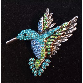 Unbranded High Style Hovering HUMMINGBIRD Rhinestone Necklace Pendant BROOCH Blue Tones