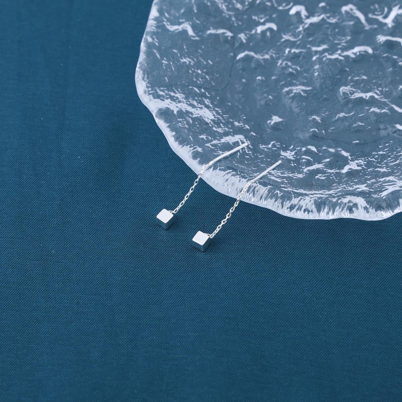 Enautoabs Silver Cube Threader Earrings Tiny Cube Stud Earrings Silver