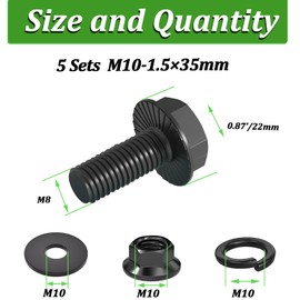 Ruibapa 5 Sets M10-1.5 x 35mm Flanged Hex Head Bolts,Flange Nuts,Flat & Lock Washers,10.9 Black Zinc Plated,Full Thread,Alloy Steel