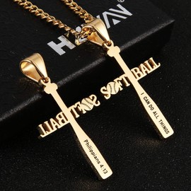 HZMAN Softball Bat Cross Pendant Necklace for Men Player Stainless Steel Inspiring Bible Verse Softball Necklace Jewelry Gift (Gold)