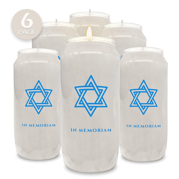 Ner Mitzvah 7 Day Memorial Candles, 6 Pack - Plastic Jar with Star of David - 6” Tall Pillar Candles for Religious, Prayer, Party Decor, Vigil and Emergency Use