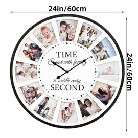 JUMBO HUMBLE 12 Photo Collage Family Wood Wall Clock, Rustic Farmhouse Wall Clock, Large Oversized Wall Clocks for Home, Kitchen, Living Room, Silent Battery Powered 24 Inch White