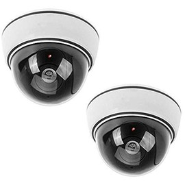 BW 2x Outdoor Indoor Fake Imitation IR Dome CCTV Blinking Red LED Flashing Light Surveillance Security Dummy Camera with Warning Sticker - White