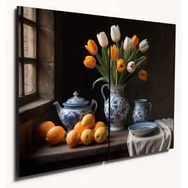 The Plum Penguin 17th Century Dutch Kitchen Wall Art, 2x A4 Wood MDF Prints, Rustic Home Decor Canvas Alternative 40 x 30cm