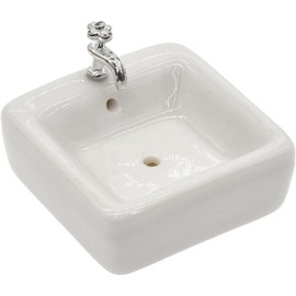 1:12 Scale Ceramic Sink with Removable Faucet - Miniature Dollhouse Bathroom and Kitchen Accessories for Victorian Style Decor, Realistic Doll House Furniture (Durable Resin Basin Set)
