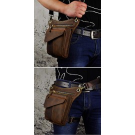 Le'aokuu hombres cuero genuino bolso Cintura Bolsa de Cuero Gota Pierna Bolsa para mensajero Bolso Multifuncional Militar Táctico Moto Bicicleta Senderismo Deportes Camping Montar (211-3 A Marrón Oscuro)