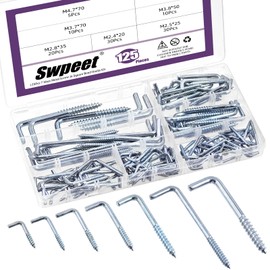 Swpeet 125Pcs 7 Sizes Blue White Metal Screw-in Square Bend Hooks Kit, Square Bend Hooks L Shaped Self-Tapping Screws Hook L Type Photo Frame Right Angle Hook for Home/Workplace/Office Hanging