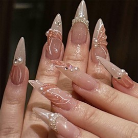 IMRAIN Almond Press on Nails Medium Length Fake Nails with 3D Fishtail & Pearl Designs Full Cover Orange Pink Glossy False Nails French Tips Reusable Glue on Nails for Women Nail Decoration