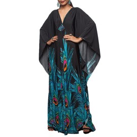 Bsubseach Women's Ethnic Print Kaftan Beach Dress Plus Size Beach Dress, F Peacock Print
