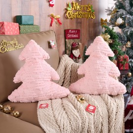 Lanpn Christmas Tree Pillows Set of 2, Tree Christmas Decoration Winter Soft Cute 3D Shaped Xmas Tree Throw Cushion for Sofa Bedroom Xmas Decor (18x16 inch, Pink)